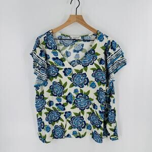 Rachel Zoe Blue Floral Ruffle Sleeve Top Size 2X Boho Resort Blouse